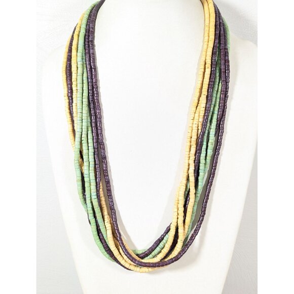 Tribal Yellow Green Brown Stacked Wood Bead Mulit Strand Long Necklace 28" - Picture 1 of 8